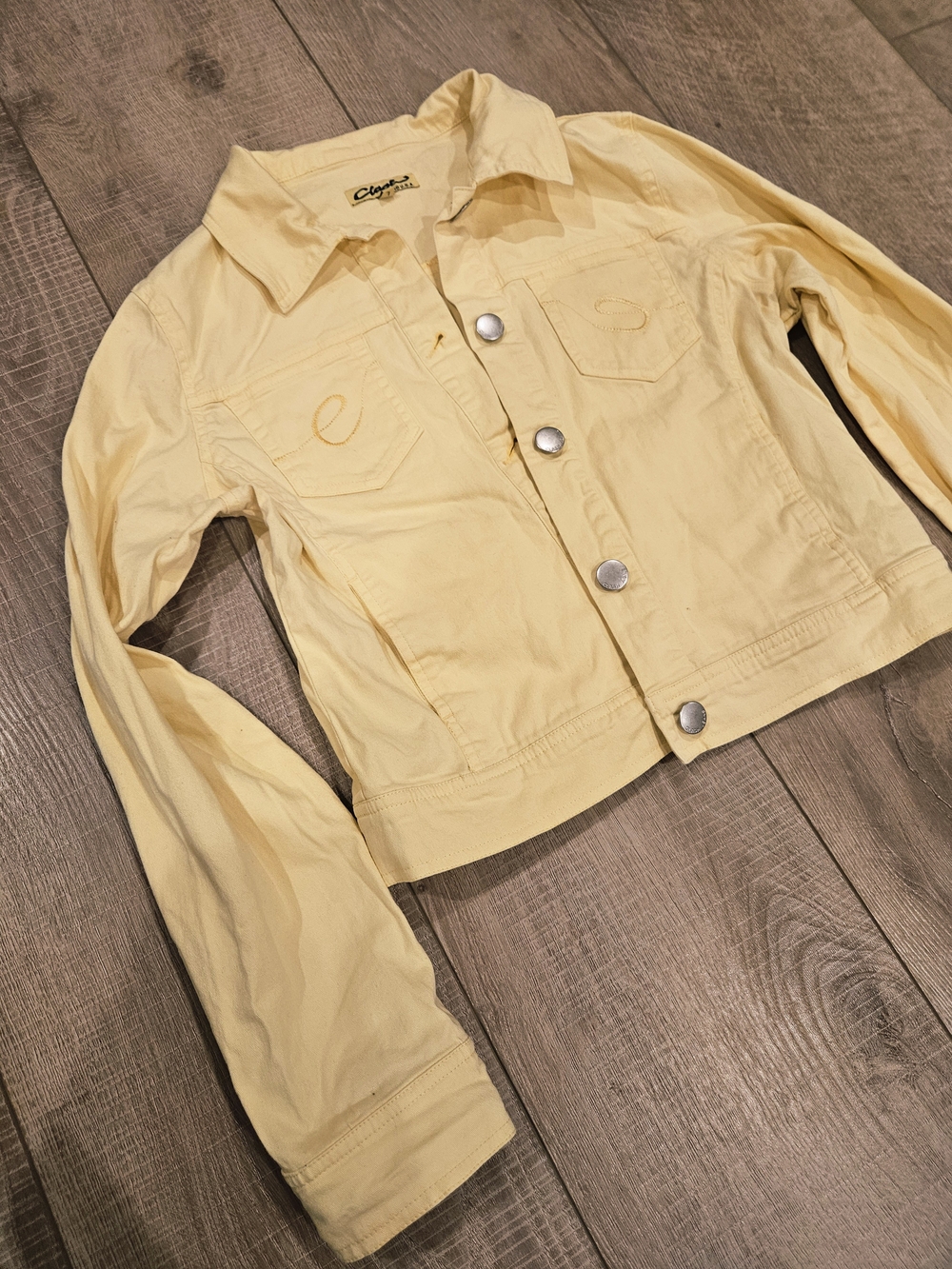 Vintage Y2K Clash Jeans USA Yellow Stretch Denim Jacket Tagged Large Fits Small